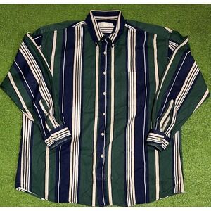 Vintage Natural Issue Shirt LG Green Gold Stripes Button Down 90s Preppy EUC